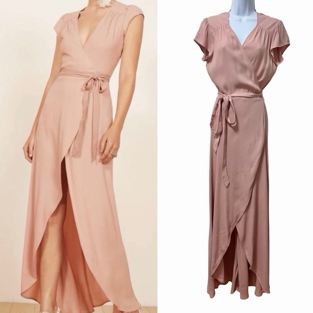 Reformation Chamomile Crepe Maxi High Low Wrap Dress Size L Blush Pink Wedding